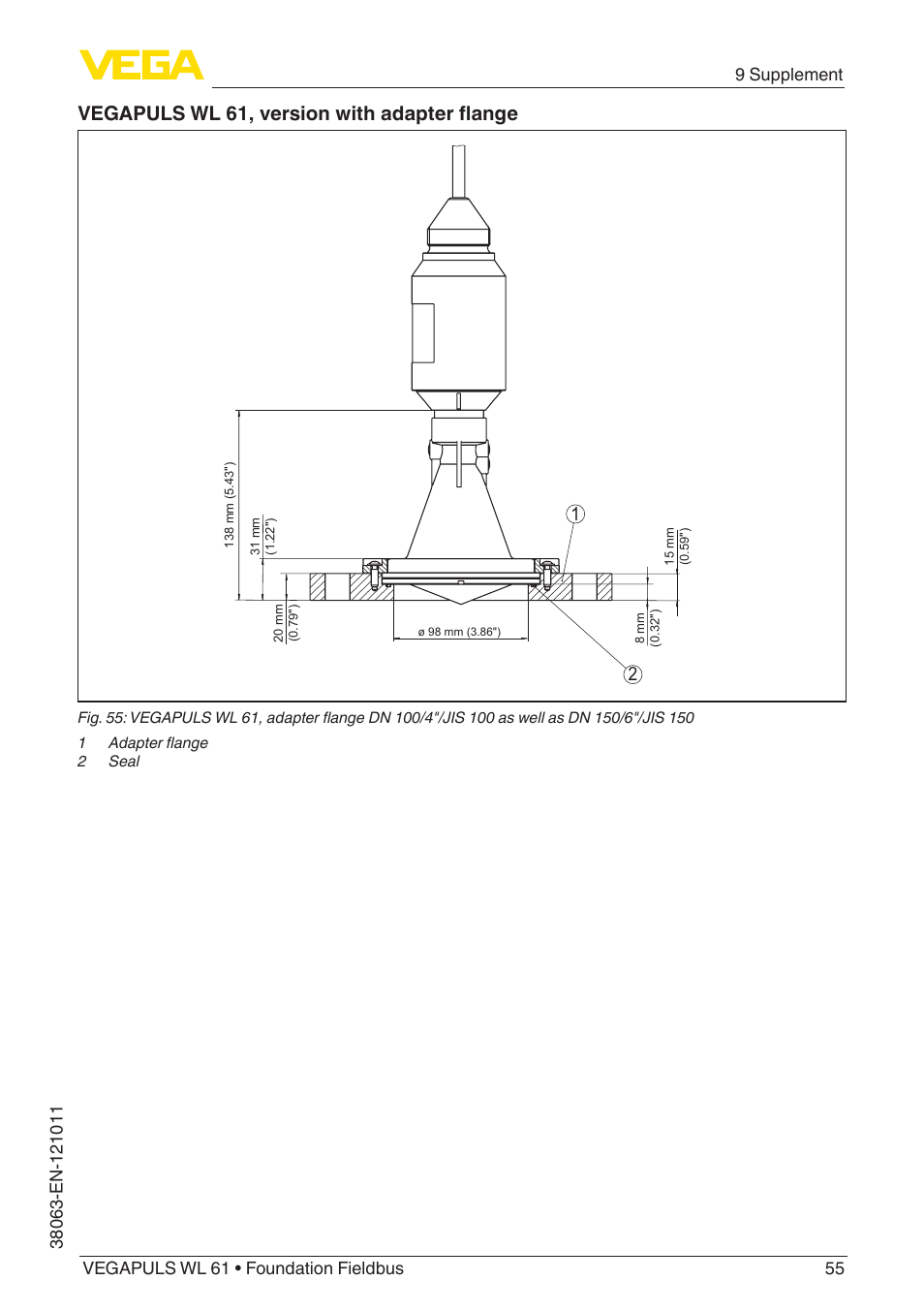 Vegapuls wl 61, version with adapter flange | VEGA VEGAPULS WL 61 Foundation Fieldbus User Manual | Page 55 / 60