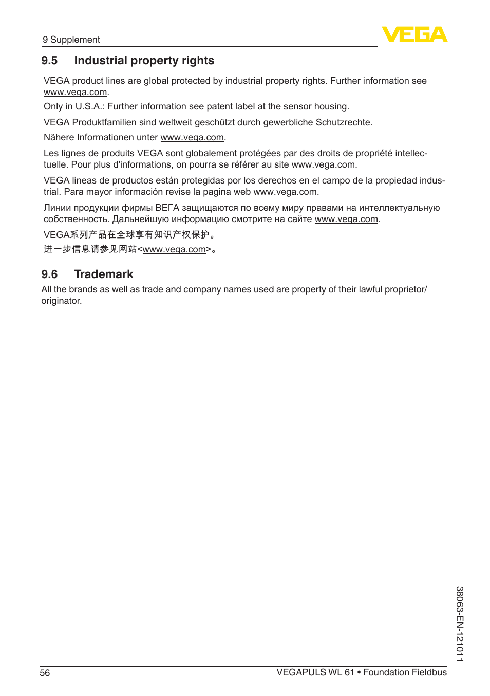 5 industrial property rights, 6 trademark | VEGA VEGAPULS WL 61 Foundation Fieldbus User Manual | Page 56 / 60