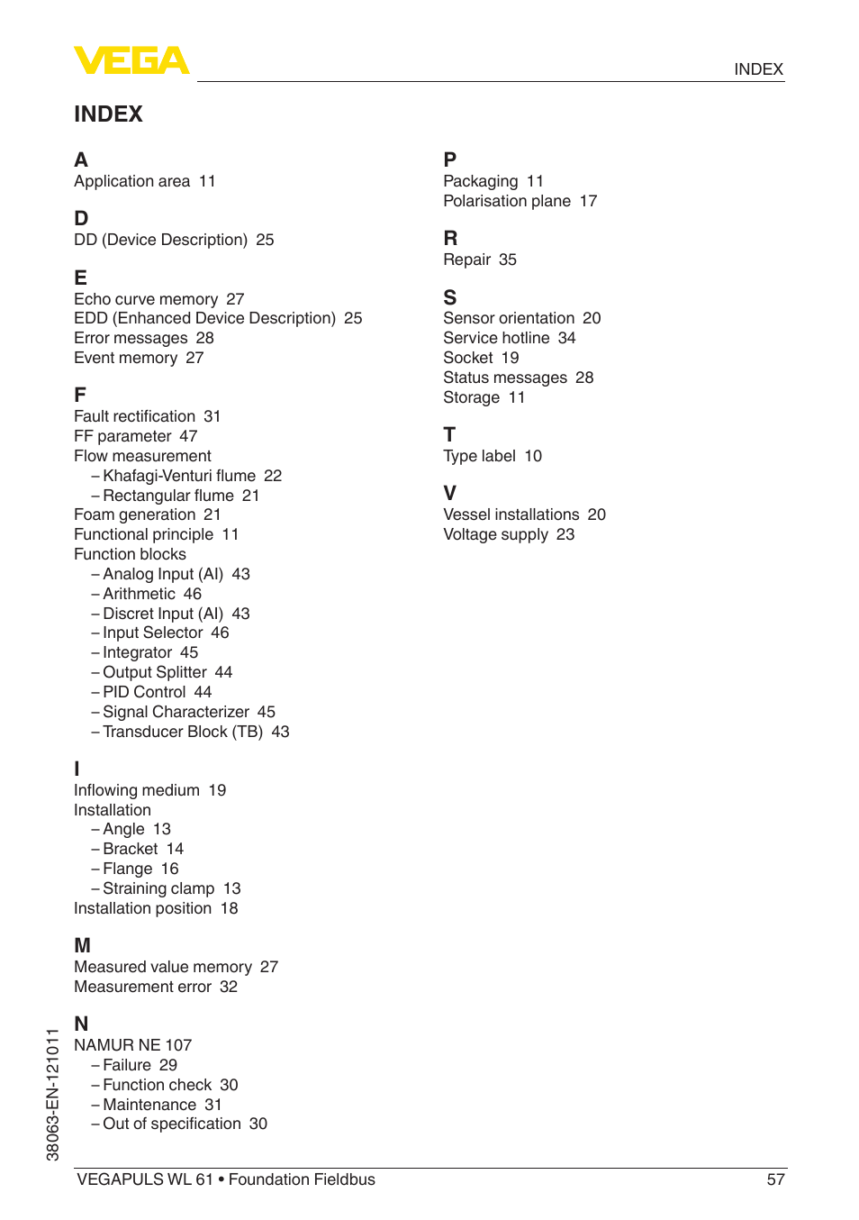 Index | VEGA VEGAPULS WL 61 Foundation Fieldbus User Manual | Page 57 / 60
