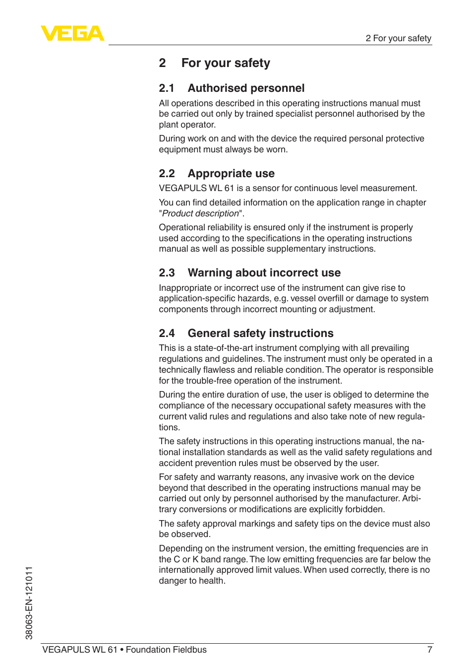 2 for your safety, 1 authorised personnel, 2 appropriate use | 3 warning about incorrect use, 4 general safety instructions | VEGA VEGAPULS WL 61 Foundation Fieldbus User Manual | Page 7 / 60