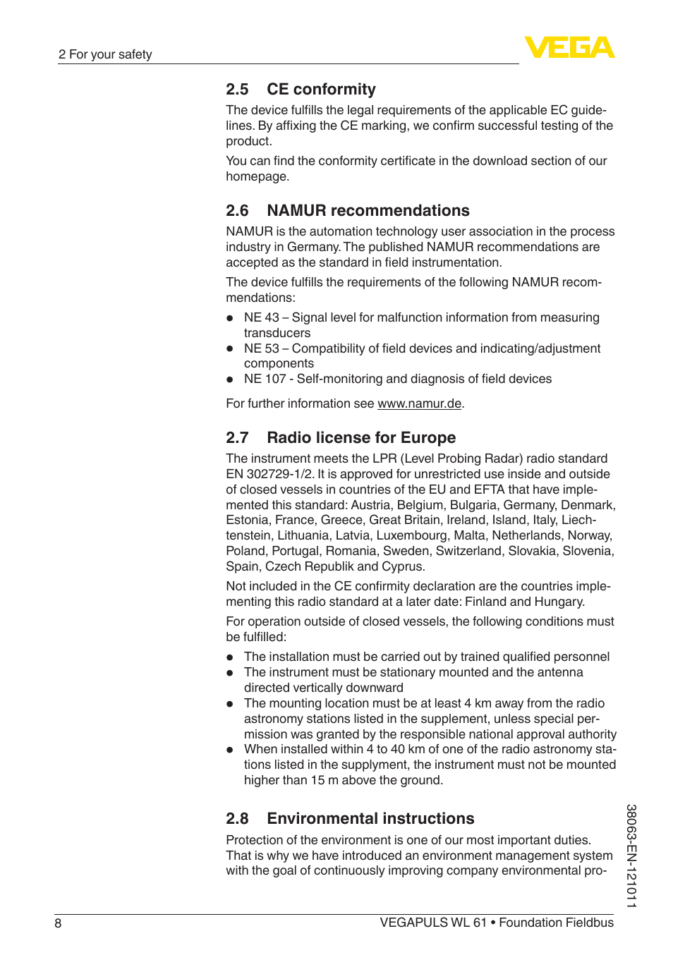 5 ce conformity, 6 namur recommendations, 7 radio license for europe | 8 environmental instructions | VEGA VEGAPULS WL 61 Foundation Fieldbus User Manual | Page 8 / 60