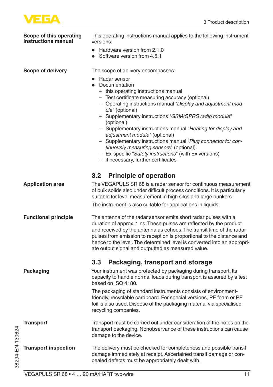 2 principle of operation, 3 packaging, transport and storage | VEGA VEGAPULS SR 68 4 … 20 mA_HART two-wire User Manual | Page 11 / 88