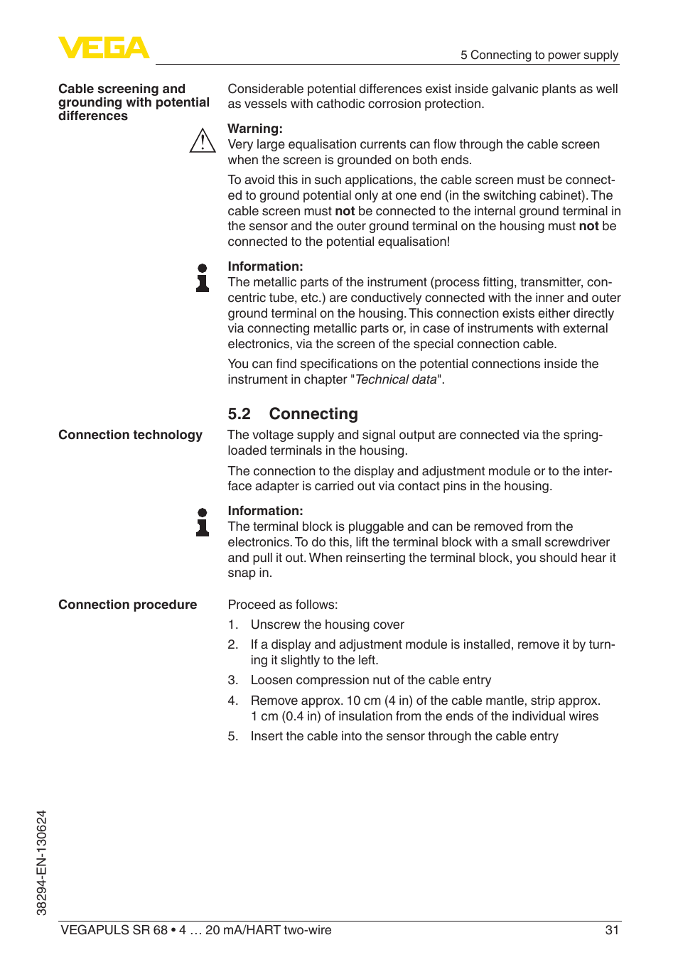 2 connecting | VEGA VEGAPULS SR 68 4 … 20 mA_HART two-wire User Manual | Page 31 / 88