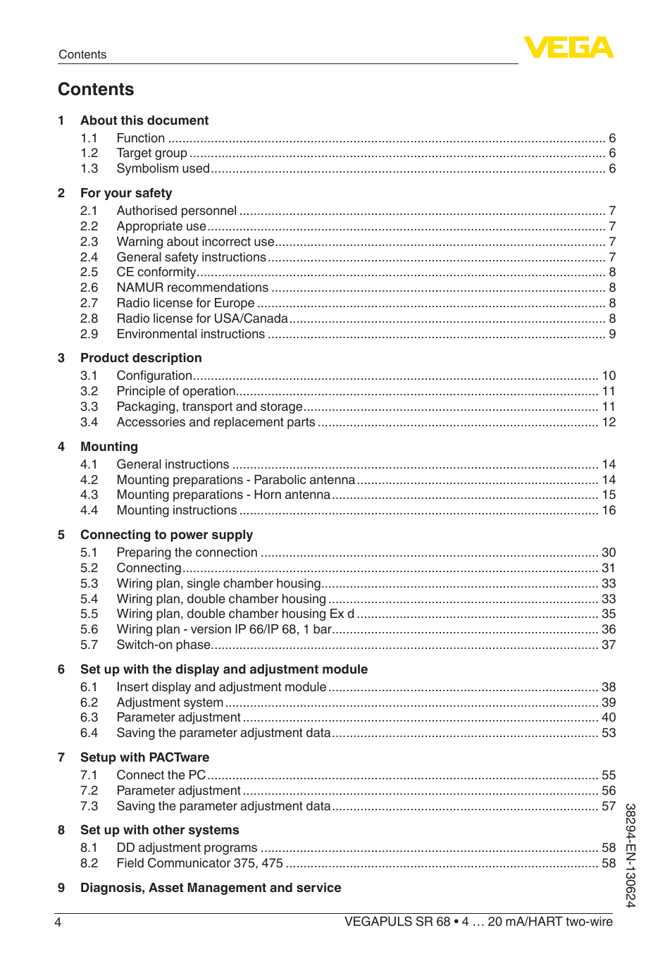 VEGA VEGAPULS SR 68 4 … 20 mA_HART two-wire User Manual | Page 4 / 88