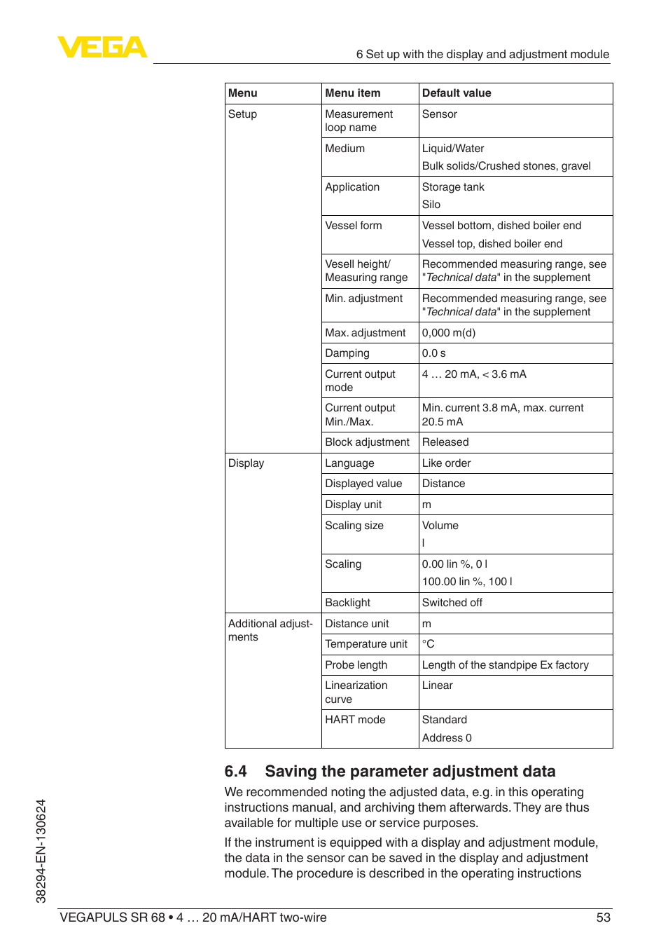 4 saving the parameter adjustment data | VEGA VEGAPULS SR 68 4 … 20 mA_HART two-wire User Manual | Page 53 / 88