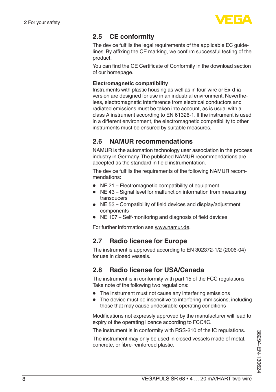 5 ce conformity, 6 namur recommendations, 7 radio license for europe | 8 radio license for usa/canada | VEGA VEGAPULS SR 68 4 … 20 mA_HART two-wire User Manual | Page 8 / 88