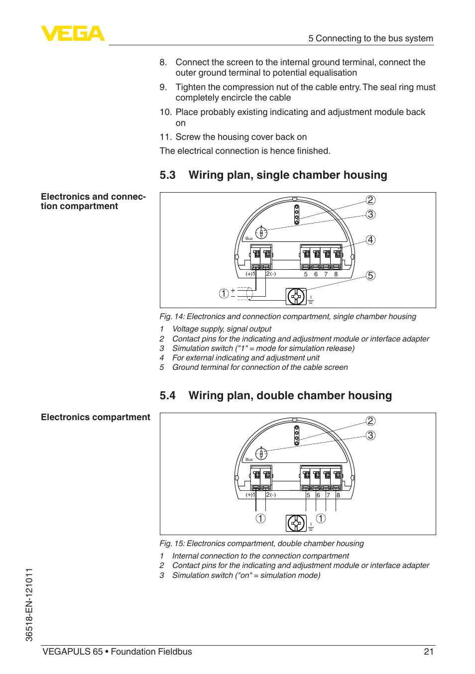 3 wiring plan, single chamber housing, 4 wiring plan, double chamber housing | VEGA VEGAPULS 65 (≥ 2.0.0 - ≥ 4.0.0) Foundation Fieldbus User Manual | Page 21 / 72