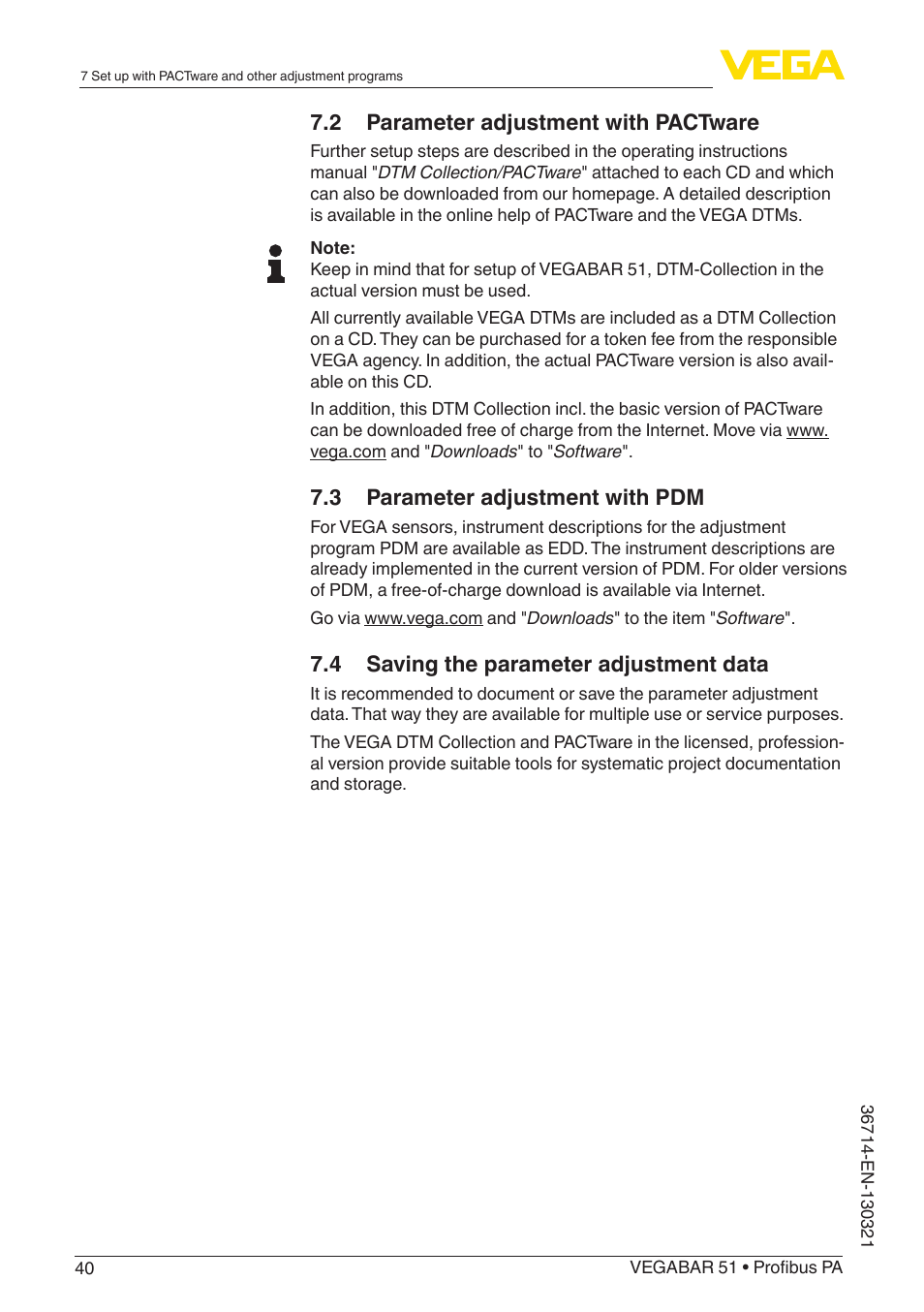 2 parameter adjustment with pactware, 3 parameter adjustment with pdm, 4 saving the parameter adjustment data | VEGA VEGABAR 51 Profibus PA User Manual | Page 40 / 76