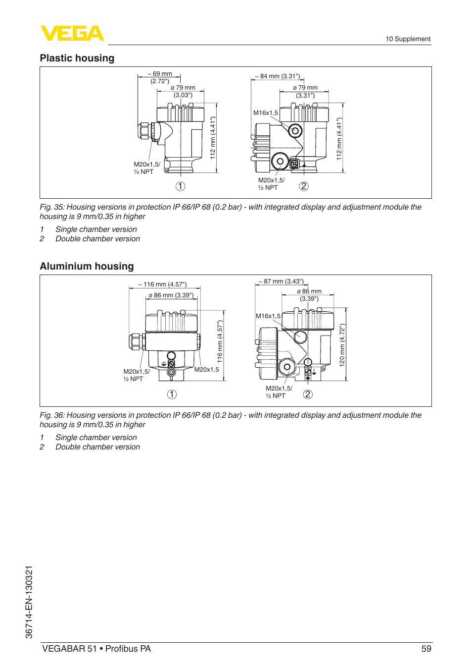 Plastic housing, Aluminium housing | VEGA VEGABAR 51 Profibus PA User Manual | Page 59 / 76