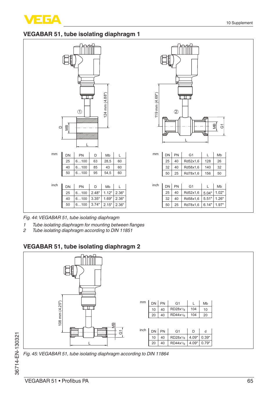 Vegabar 51, tube isolating diaphragm 1, Vegabar 51, tube isolating diaphragm 2 | VEGA VEGABAR 51 Profibus PA User Manual | Page 65 / 76