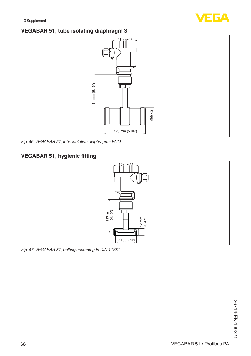 Vegabar 51, tube isolating diaphragm 3, Vegabar 51, hygienic fitting | VEGA VEGABAR 51 Profibus PA User Manual | Page 66 / 76