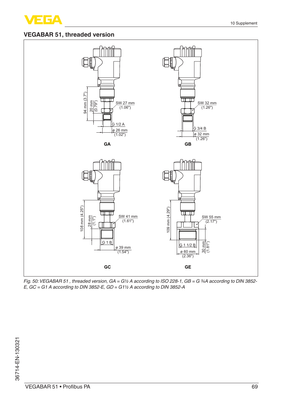 Vegabar 51, threaded version | VEGA VEGABAR 51 Profibus PA User Manual | Page 69 / 76