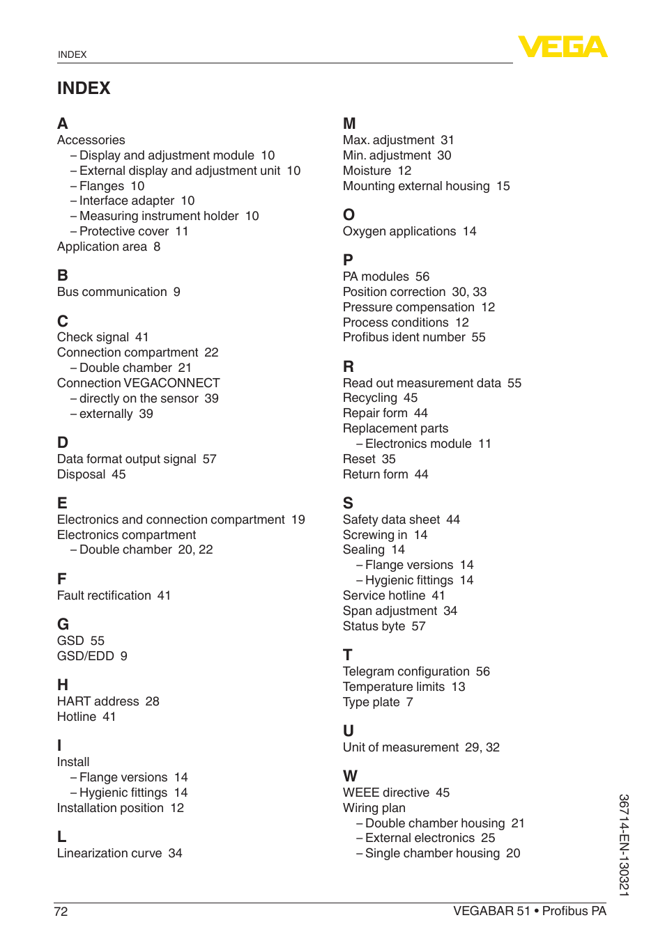 Index | VEGA VEGABAR 51 Profibus PA User Manual | Page 72 / 76