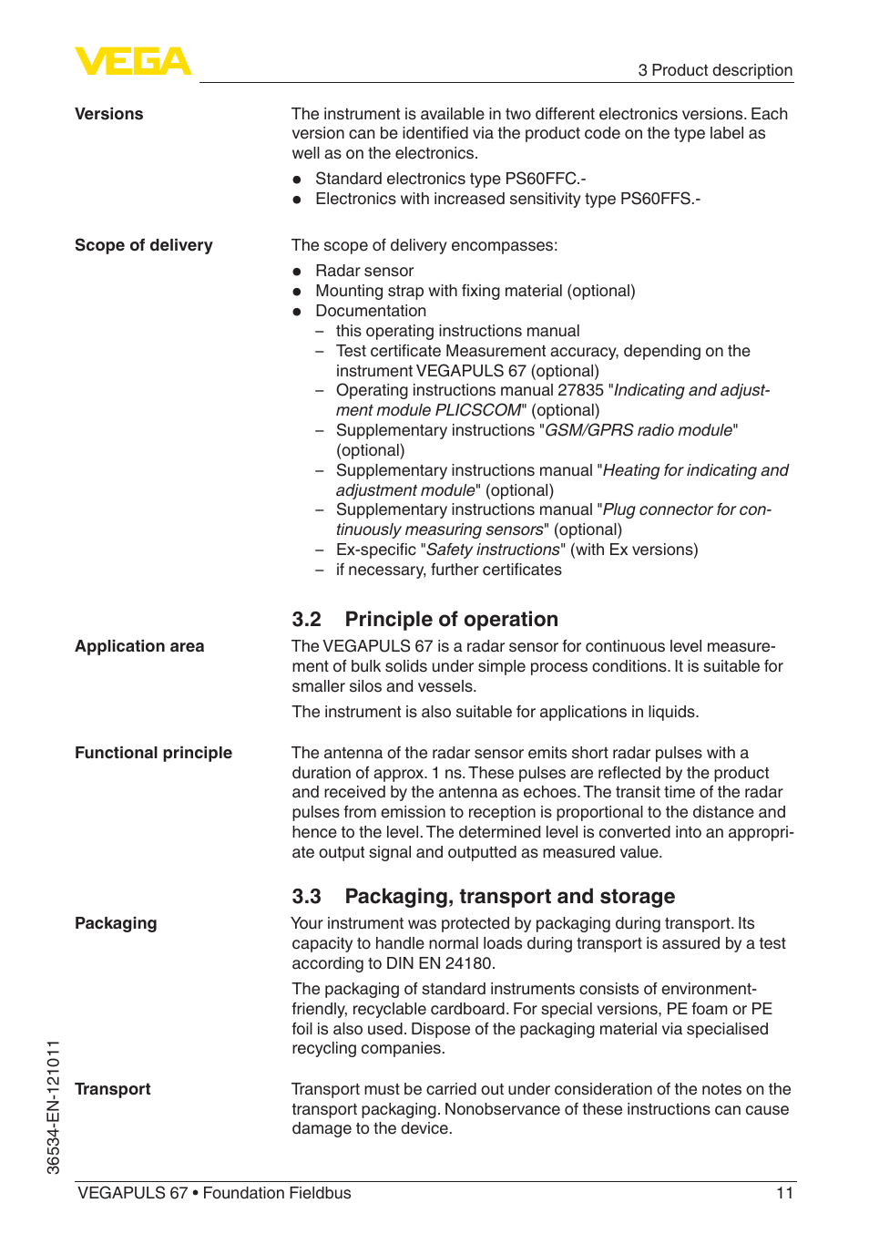 2 principle of operation, 3 packaging, transport and storage | VEGA VEGAPULS 67 (≥ 2.0.0 - ≥ 4.0.0) Foundation Fieldbus User Manual | Page 11 / 84