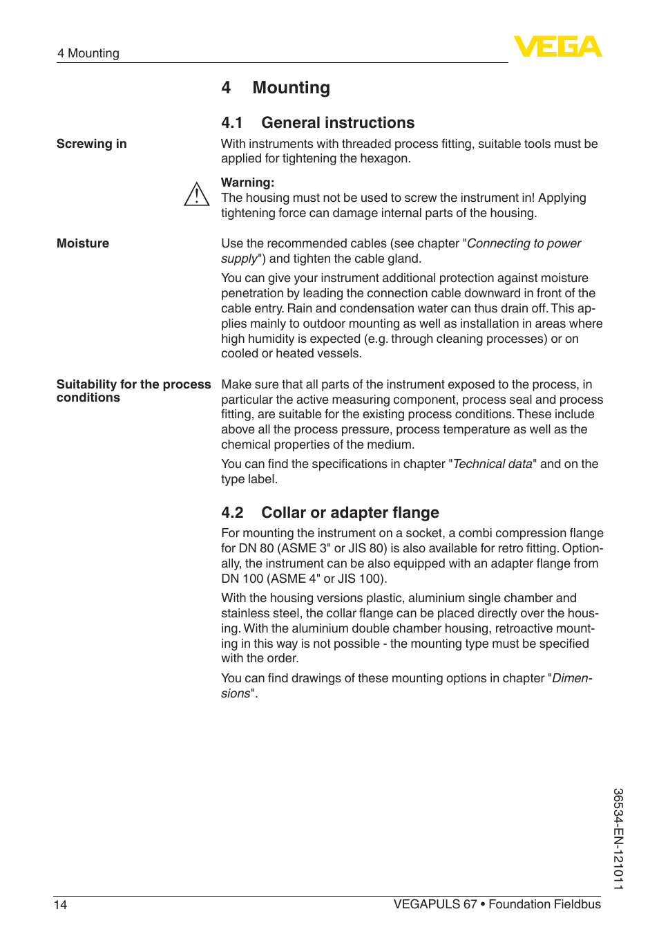 4 mounting, 1 general instructions, 2 collar or adapter flange | VEGA VEGAPULS 67 (≥ 2.0.0 - ≥ 4.0.0) Foundation Fieldbus User Manual | Page 14 / 84