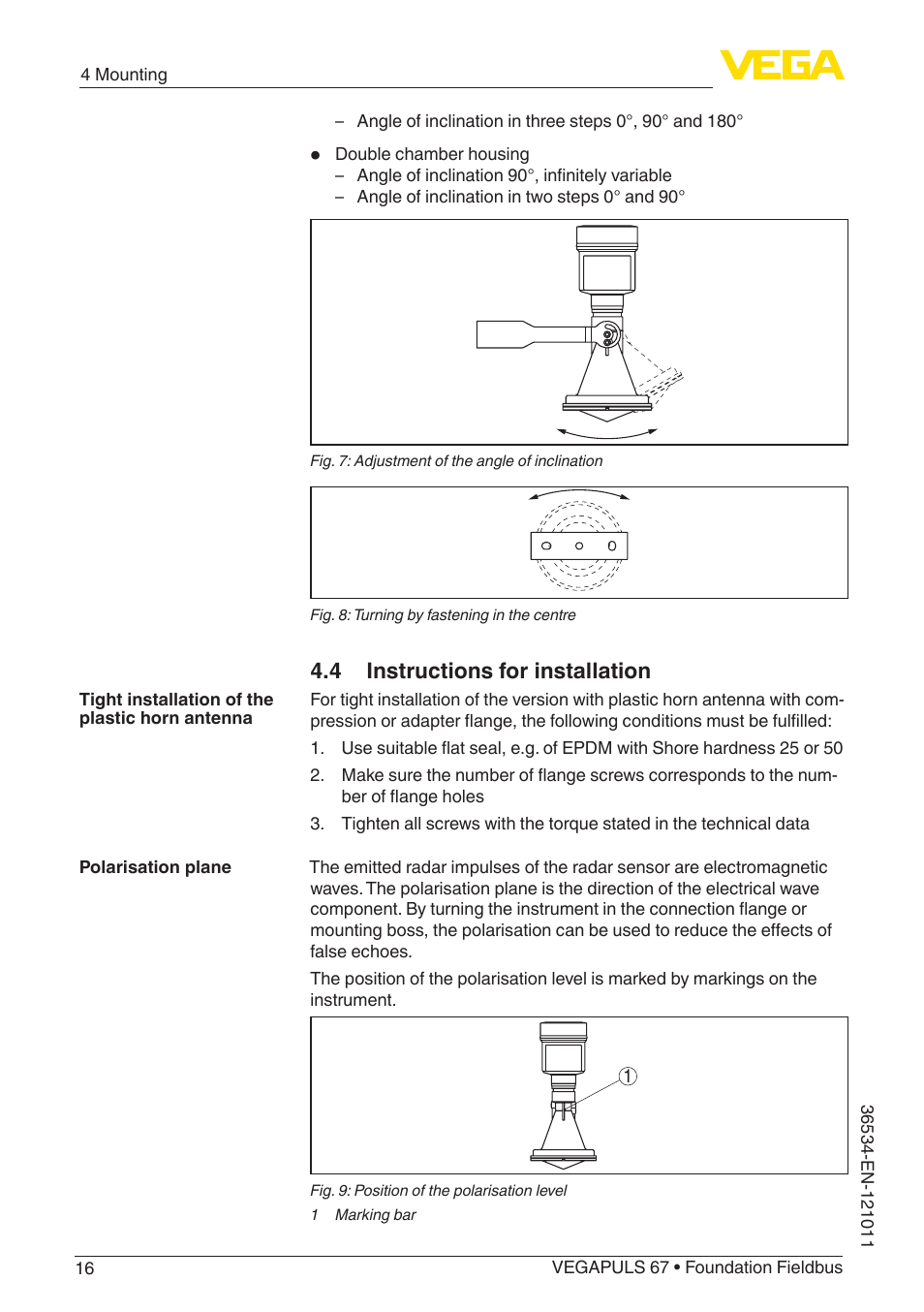 4 instructions for installation | VEGA VEGAPULS 67 (≥ 2.0.0 - ≥ 4.0.0) Foundation Fieldbus User Manual | Page 16 / 84