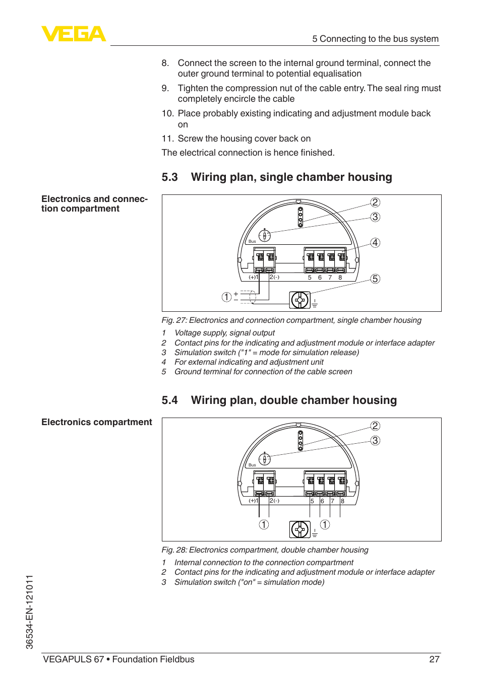 3 wiring plan, single chamber housing, 4 wiring plan, double chamber housing | VEGA VEGAPULS 67 (≥ 2.0.0 - ≥ 4.0.0) Foundation Fieldbus User Manual | Page 27 / 84