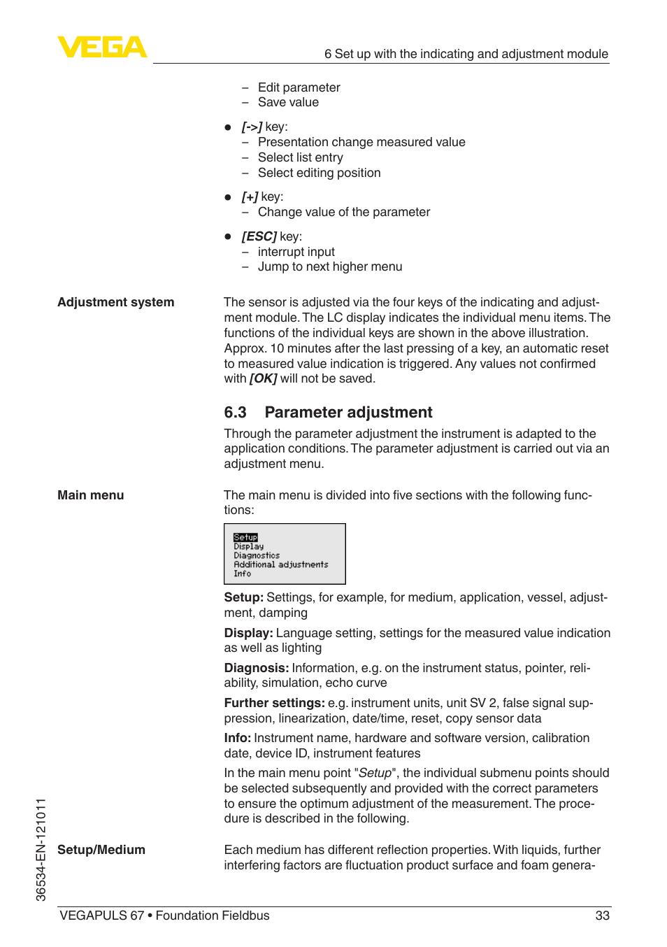 3 parameter adjustment | VEGA VEGAPULS 67 (≥ 2.0.0 - ≥ 4.0.0) Foundation Fieldbus User Manual | Page 33 / 84