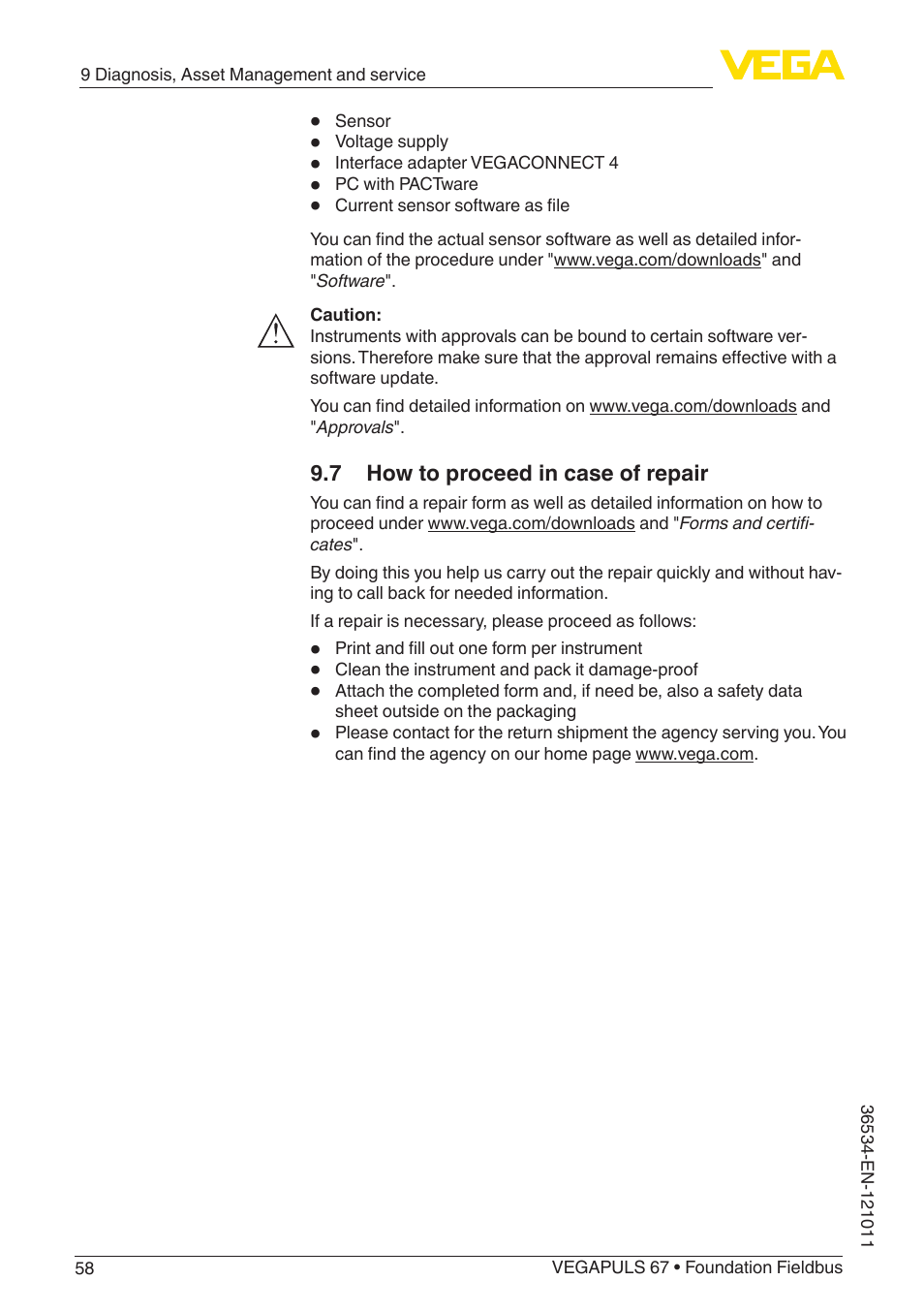 7 how to proceed in case of repair | VEGA VEGAPULS 67 (≥ 2.0.0 - ≥ 4.0.0) Foundation Fieldbus User Manual | Page 58 / 84