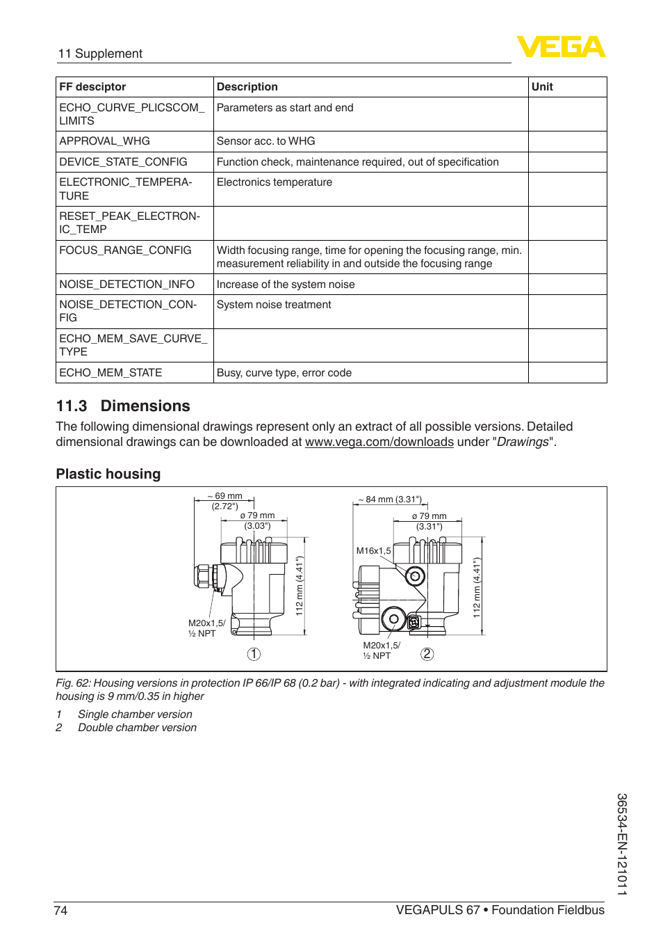 3 dimensions, Plastic housing | VEGA VEGAPULS 67 (≥ 2.0.0 - ≥ 4.0.0) Foundation Fieldbus User Manual | Page 74 / 84