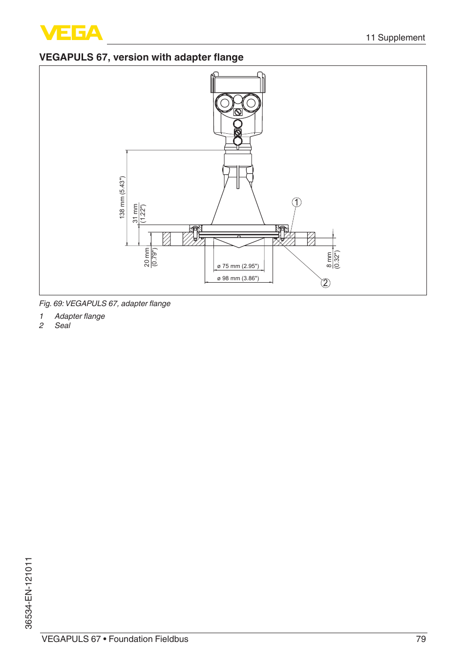 Vegapuls 67, version with adapter flange | VEGA VEGAPULS 67 (≥ 2.0.0 - ≥ 4.0.0) Foundation Fieldbus User Manual | Page 79 / 84