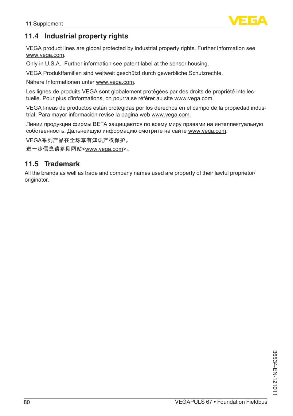 4 industrial property rights, 5 trademark | VEGA VEGAPULS 67 (≥ 2.0.0 - ≥ 4.0.0) Foundation Fieldbus User Manual | Page 80 / 84