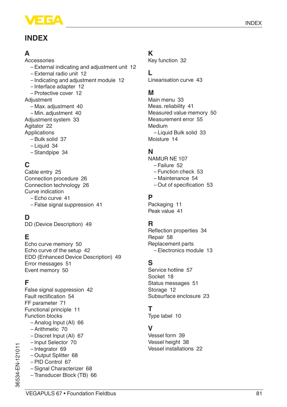 Index | VEGA VEGAPULS 67 (≥ 2.0.0 - ≥ 4.0.0) Foundation Fieldbus User Manual | Page 81 / 84