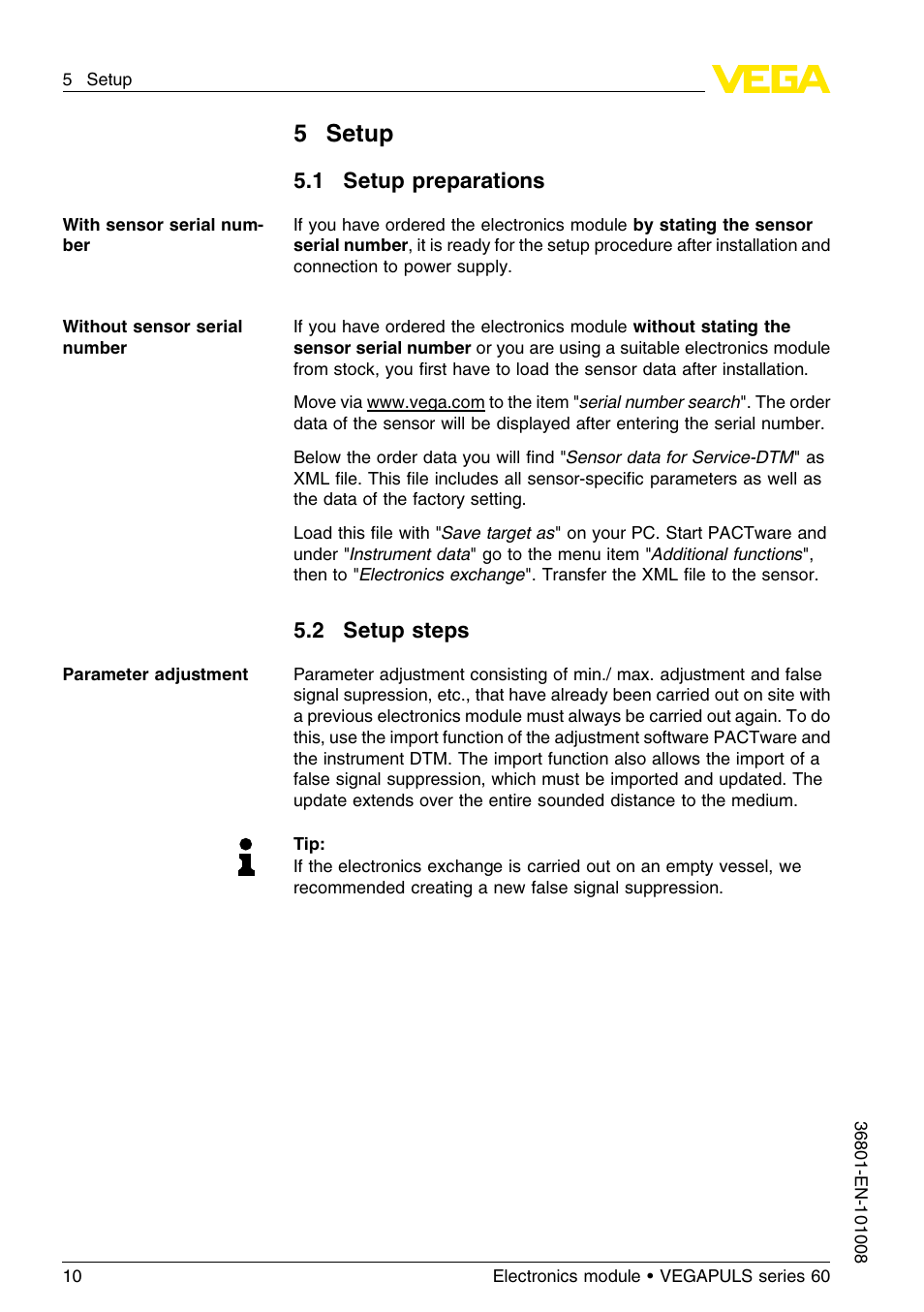 5 setup, 1 setup preparations, 2 setup steps | 5setup | VEGA VEGAPULS series 60 Electronics module (≥ 2.0.0 - ≥ 4.0.0) User Manual | Page 10 / 16