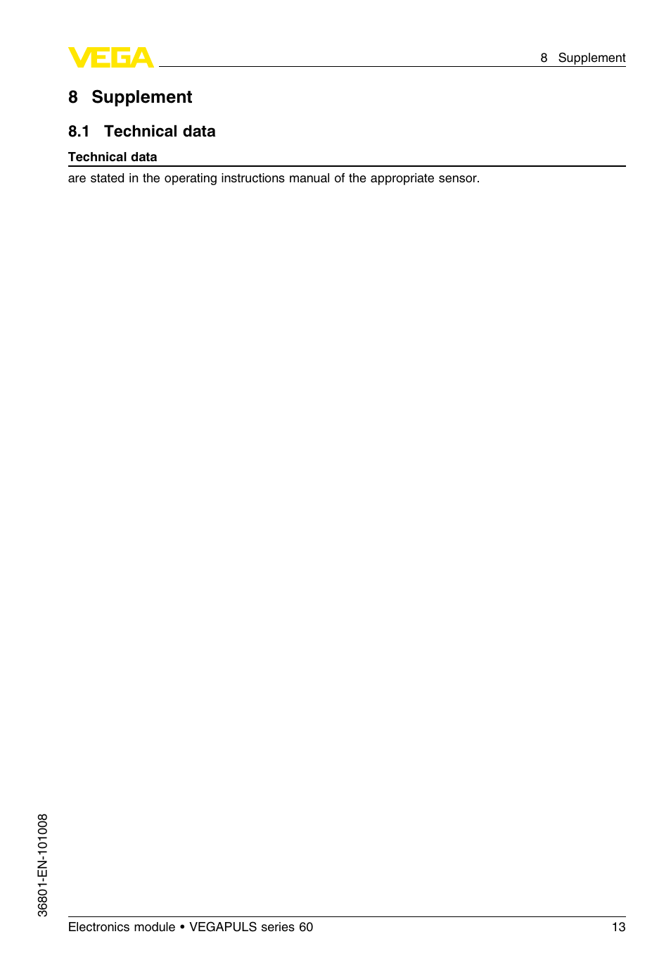 8 supplement, 1 technical data, 8supplement | VEGA VEGAPULS series 60 Electronics module (≥ 2.0.0 - ≥ 4.0.0) User Manual | Page 13 / 16