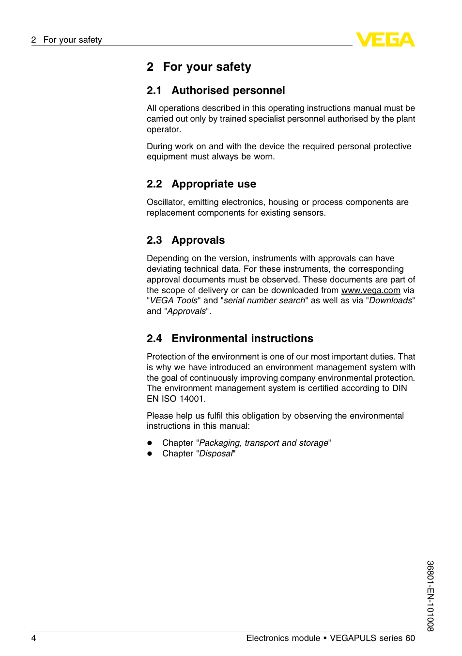2 for your safety, 1 authorised personnel, 2 appropriate use | 3 approvals, 4 environmental instructions, 2for your safety | VEGA VEGAPULS series 60 Electronics module (≥ 2.0.0 - ≥ 4.0.0) User Manual | Page 4 / 16