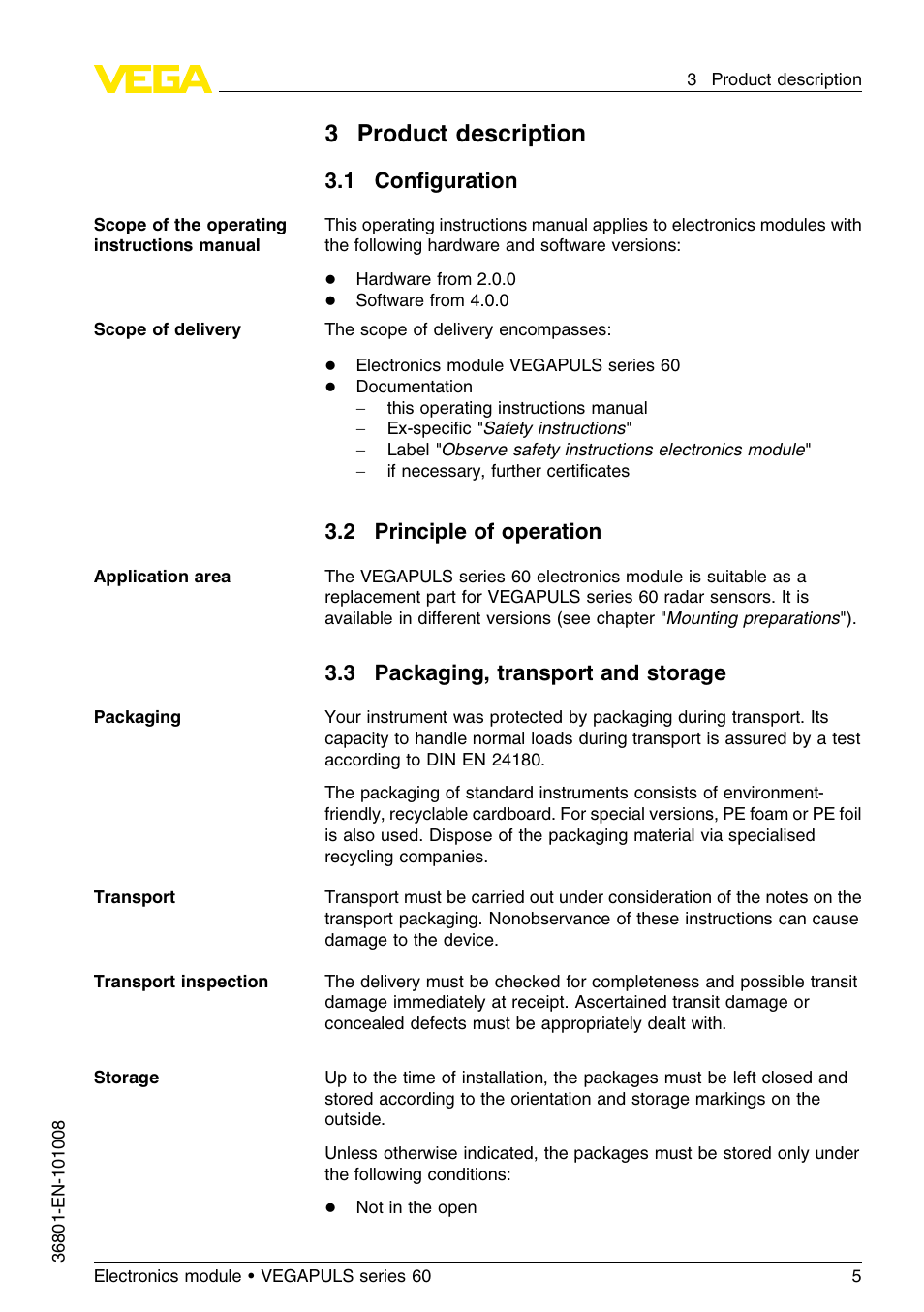 3 product description, 1 configuration, 2 principle of operation | 3 packaging, transport and storage, 3product description, 1 conﬁguration | VEGA VEGAPULS series 60 Electronics module (≥ 2.0.0 - ≥ 4.0.0) User Manual | Page 5 / 16