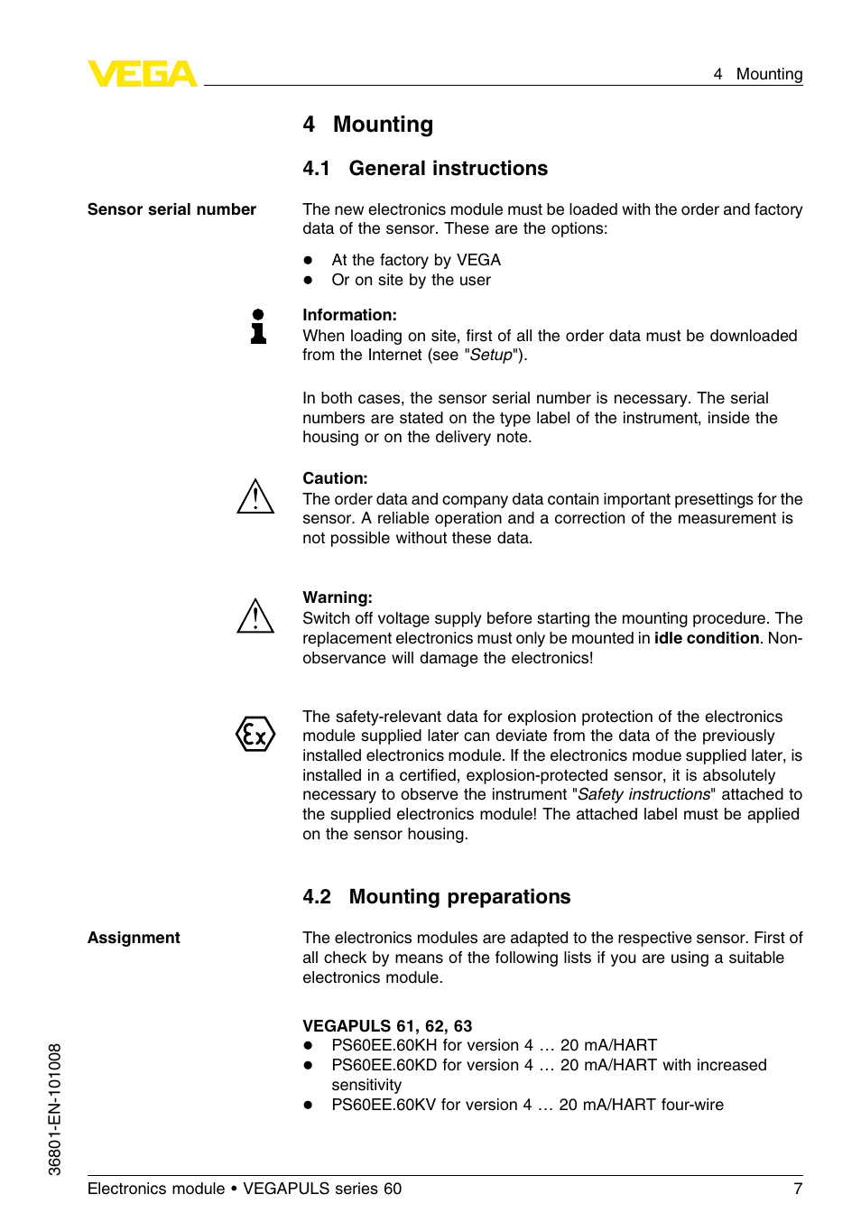 4 mounting, 1 general instructions, 2 mounting preparations | 4mounting | VEGA VEGAPULS series 60 Electronics module (≥ 2.0.0 - ≥ 4.0.0) User Manual | Page 7 / 16