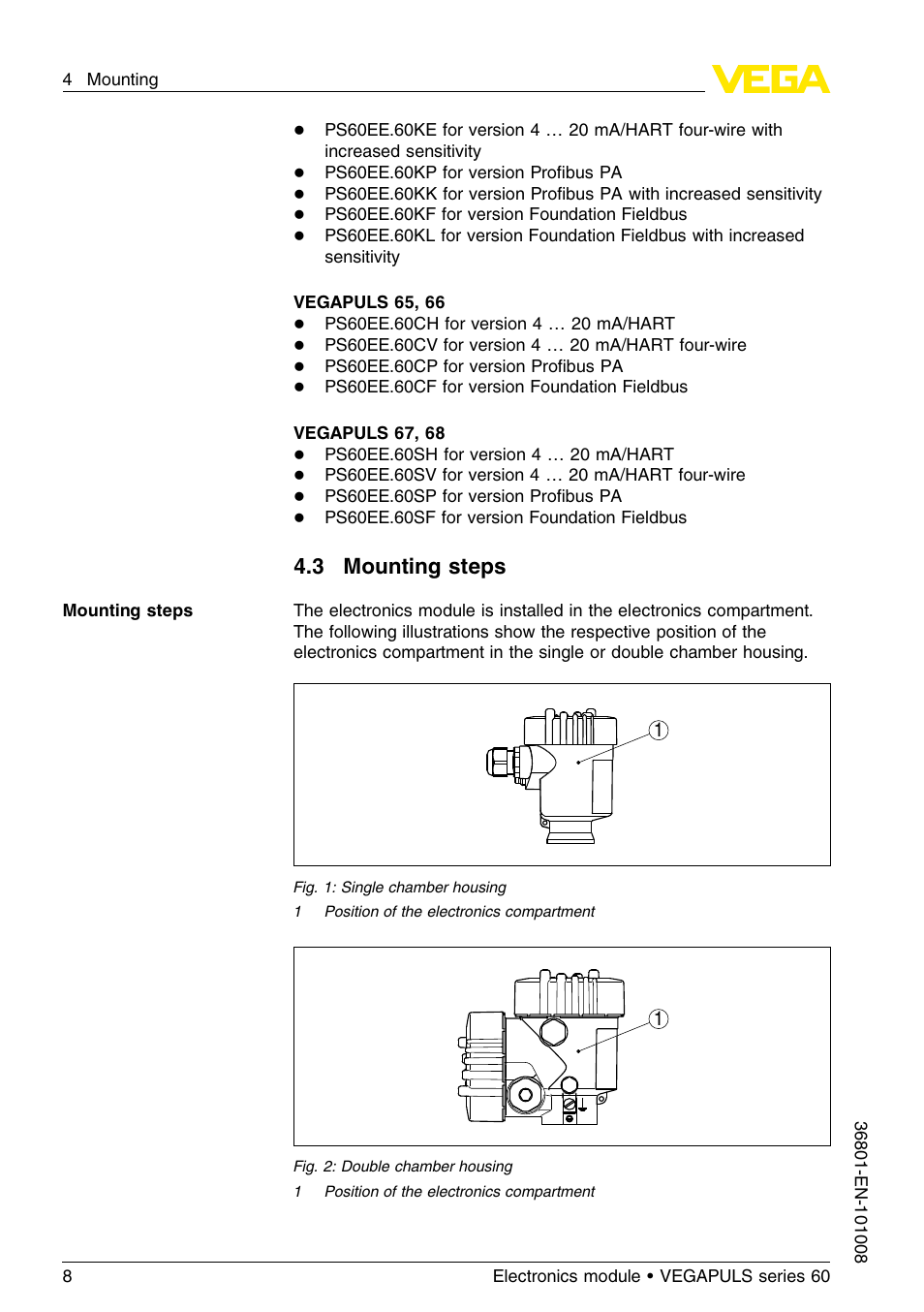 3 mounting steps | VEGA VEGAPULS series 60 Electronics module (≥ 2.0.0 - ≥ 4.0.0) User Manual | Page 8 / 16