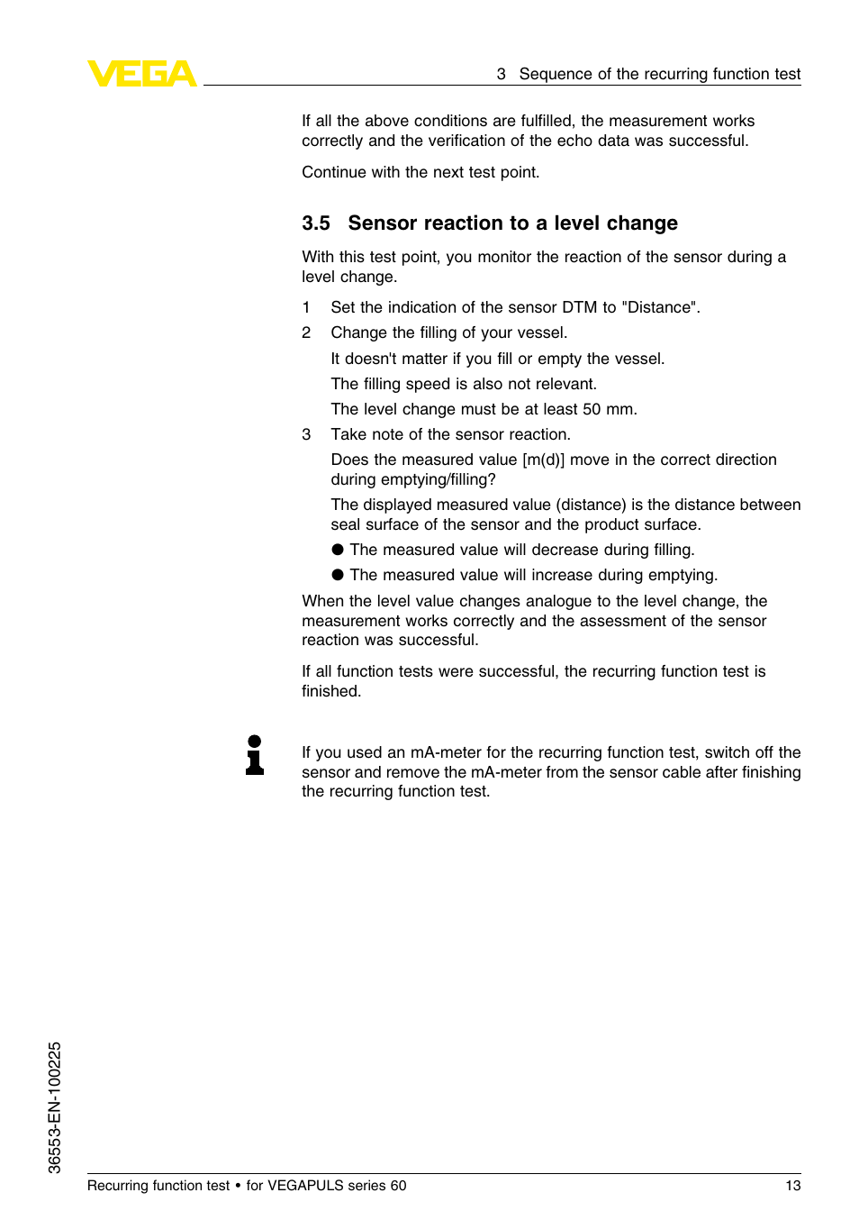5 sensor reaction to a level change | VEGA VEGAPULS series 60 Recurring function test User Manual | Page 13 / 20