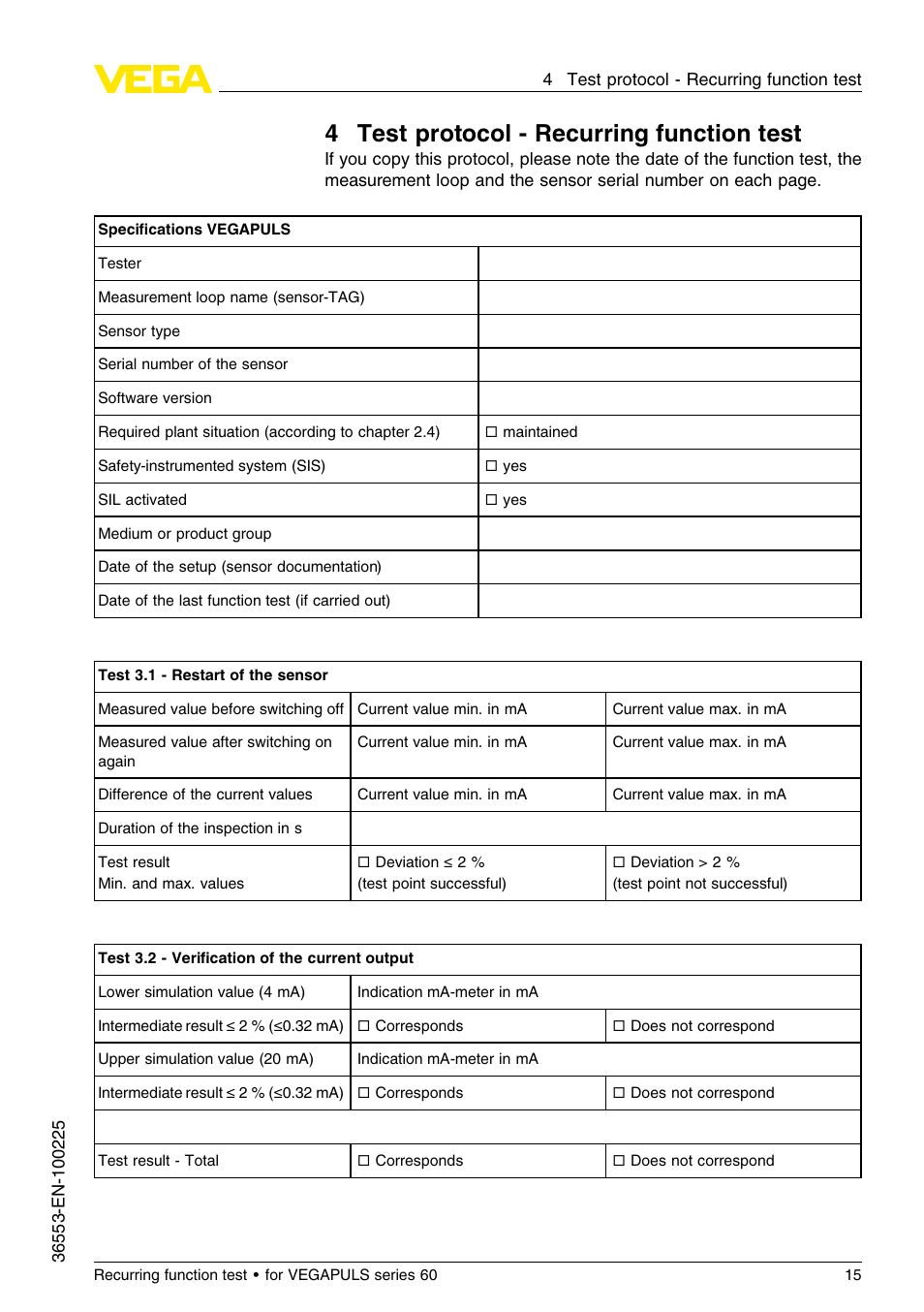4 test protocol – recurring function test, 4test protocol - recurring function test | VEGA VEGAPULS series 60 Recurring function test User Manual | Page 15 / 20
