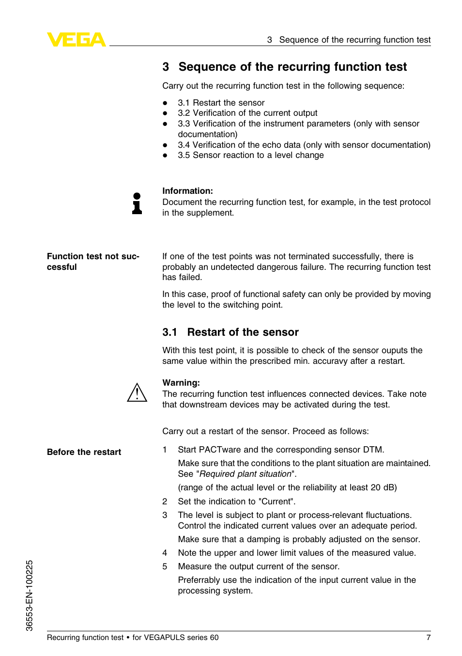 3 sequence of the recurring function test, 1 restart of the sensor, 3sequence of the recurring function test | VEGA VEGAPULS series 60 Recurring function test User Manual | Page 7 / 20