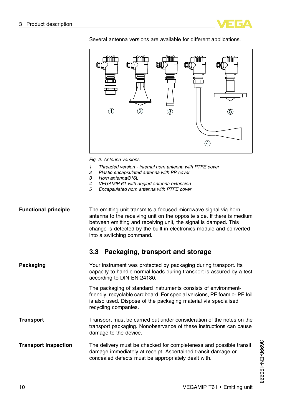 3 packaging, transport and storage | VEGA VEGAMIP T61 Emitting unit User Manual | Page 10 / 28