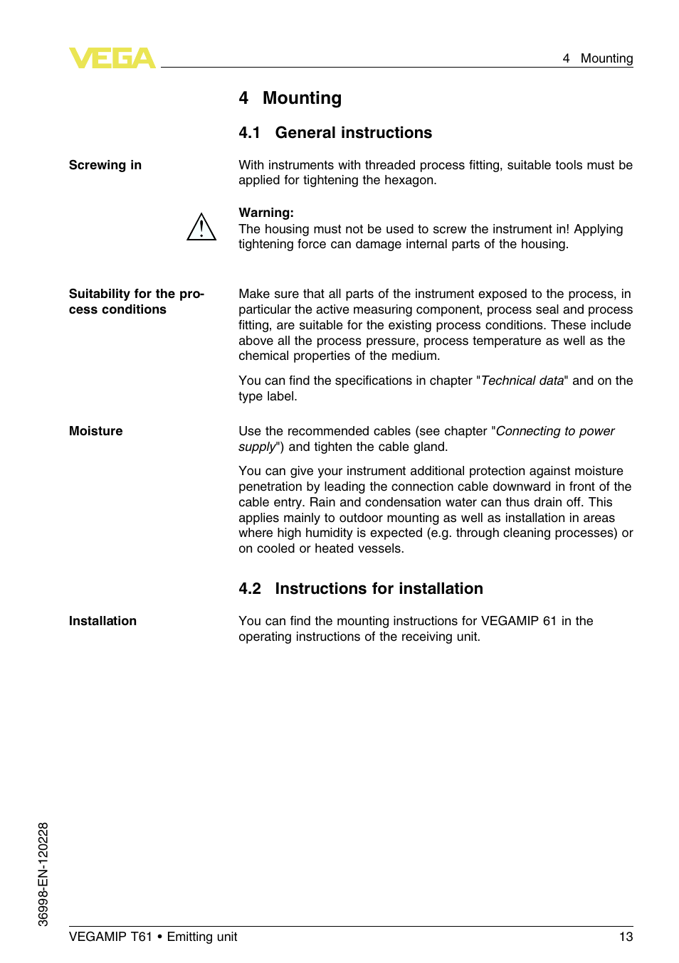 4 mounting, 1 general instructions, 2 instructions for installation | 4mounting | VEGA VEGAMIP T61 Emitting unit User Manual | Page 13 / 28