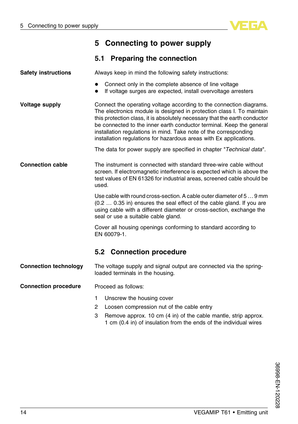 5 connecting to power supply, 1 preparing the connection, 2 connection procedure | 5connecting to power supply | VEGA VEGAMIP T61 Emitting unit User Manual | Page 14 / 28