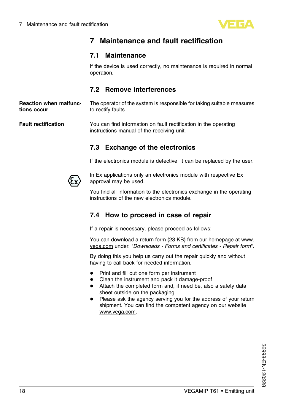 7 maintenance and fault rectification, 1 maintenance, 2 remove interferences | 3 exchange of the electronics, 4 how to proceed in case of repair, 7maintenance and fault rectiﬁcation | VEGA VEGAMIP T61 Emitting unit User Manual | Page 18 / 28