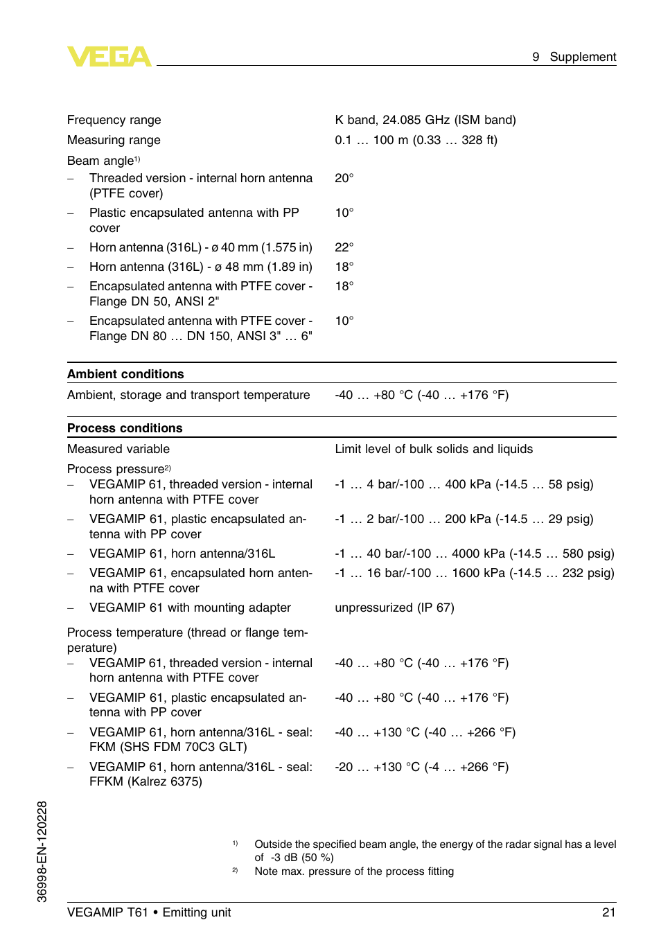 VEGA VEGAMIP T61 Emitting unit User Manual | Page 21 / 28