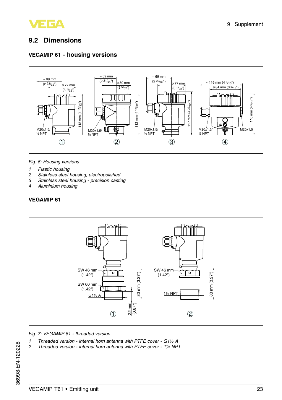 2 dimensions, Housing versions, Vegamip 61 | VEGA VEGAMIP T61 Emitting unit User Manual | Page 23 / 28