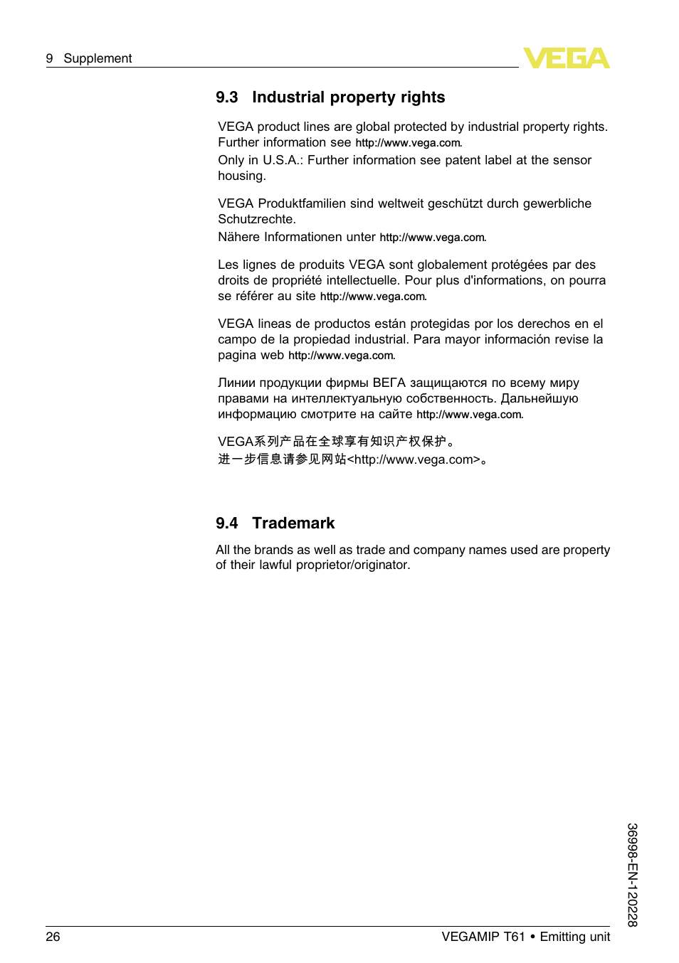 3 industrial property rights, 4 trademark | VEGA VEGAMIP T61 Emitting unit User Manual | Page 26 / 28
