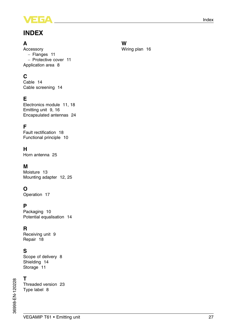 Index | VEGA VEGAMIP T61 Emitting unit User Manual | Page 27 / 28