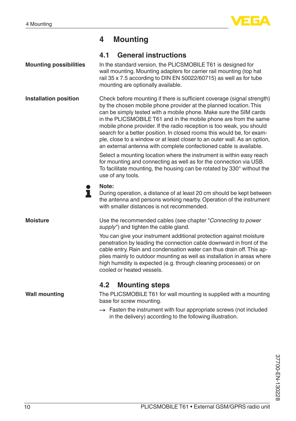 4 mounting, 1 general instructions, 2 mounting steps | VEGA PLICSMOBILE T61 User Manual | Page 10 / 40