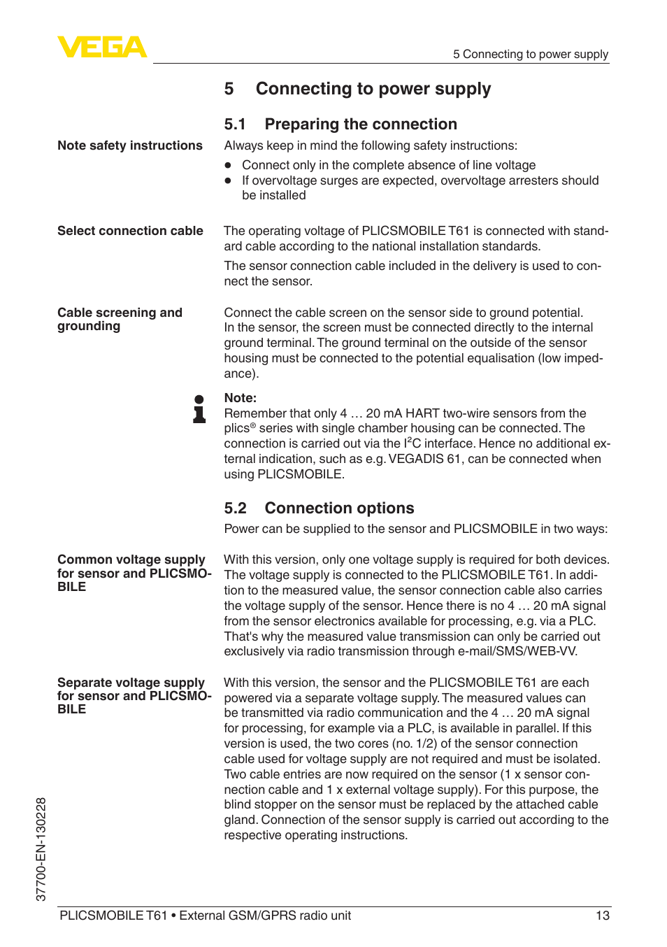 5 connecting to power supply, 1 preparing the connection, 2 connection options | VEGA PLICSMOBILE T61 User Manual | Page 13 / 40