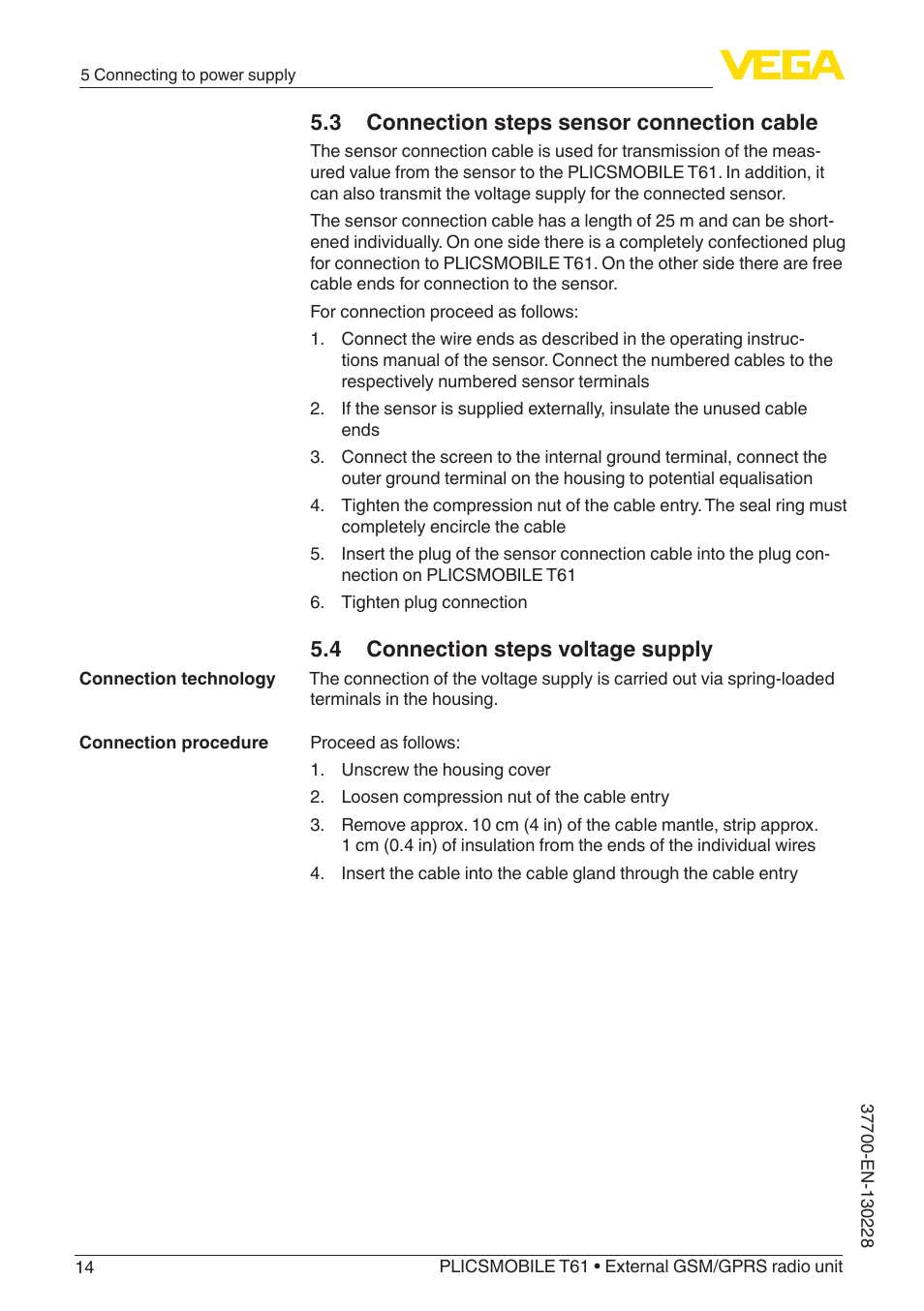 3 connection steps sensor connection cable, 4 connection steps voltage supply | VEGA PLICSMOBILE T61 User Manual | Page 14 / 40