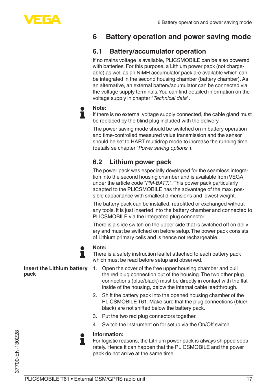 6 battery operation and power saving mode, 1 battery/accumulator operation, 2 lithium power pack | VEGA PLICSMOBILE T61 User Manual | Page 17 / 40