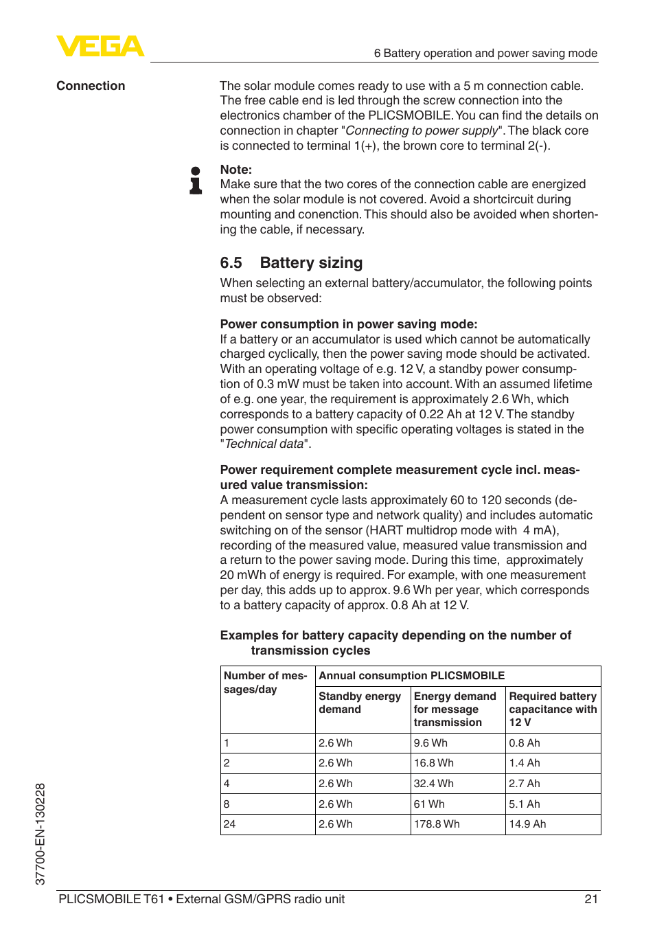 5 battery sizing | VEGA PLICSMOBILE T61 User Manual | Page 21 / 40