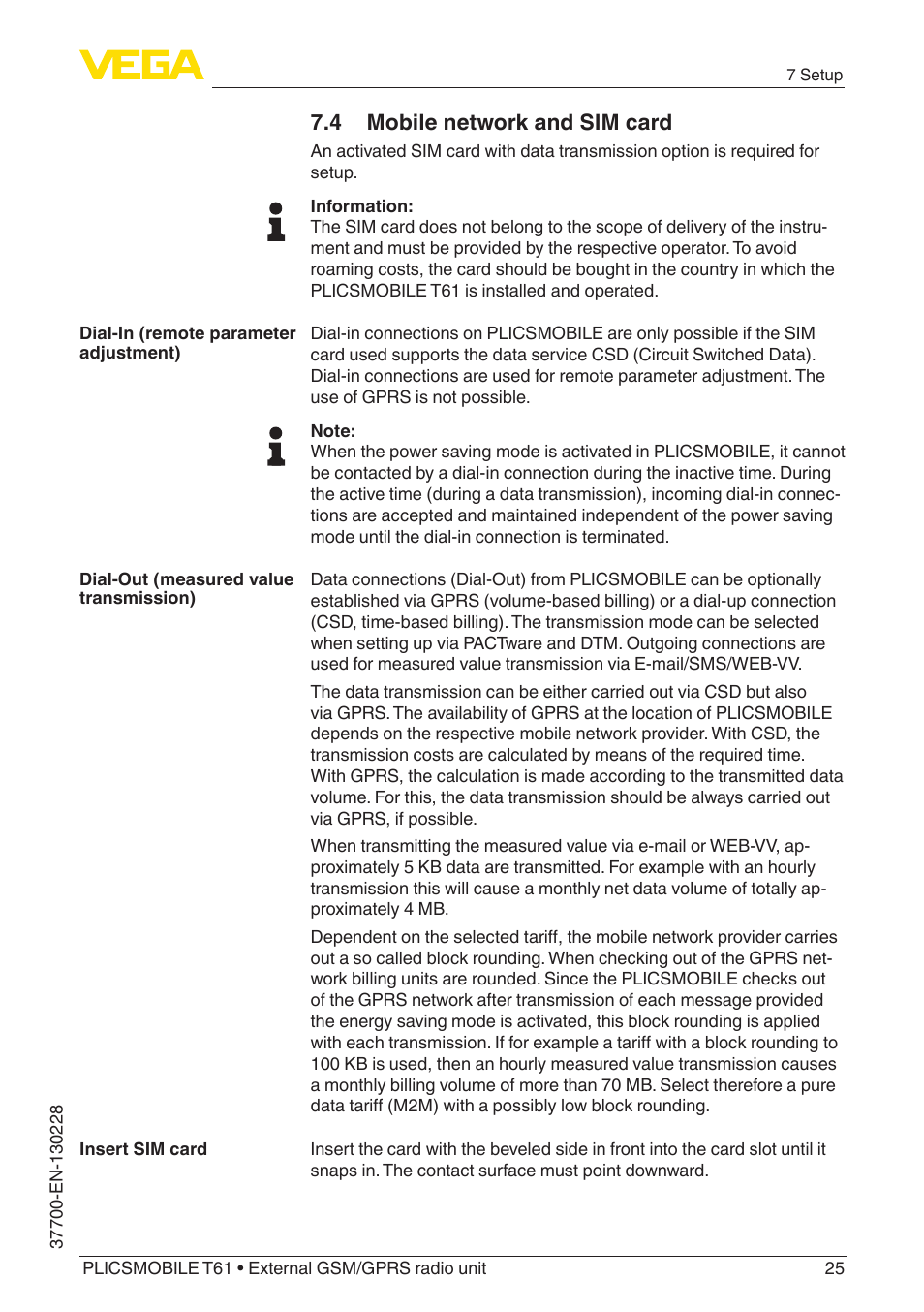 4 mobile network and sim card | VEGA PLICSMOBILE T61 User Manual | Page 25 / 40